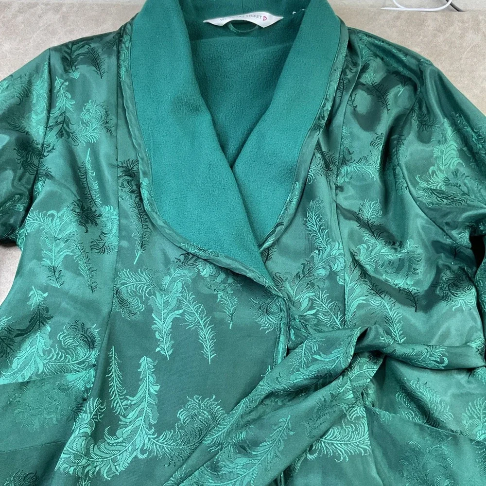 Victoria's Secret Robe Green Satin Fleece Lined Floral Pockets Belted Vintage